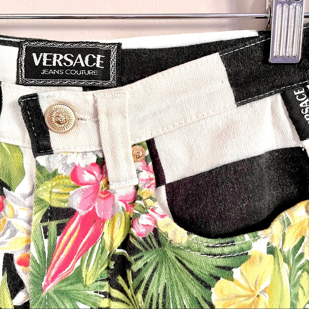 Vintage 90s Versace B&W Checkerboard Orchids Pants - 28 - Picture 3 of 9